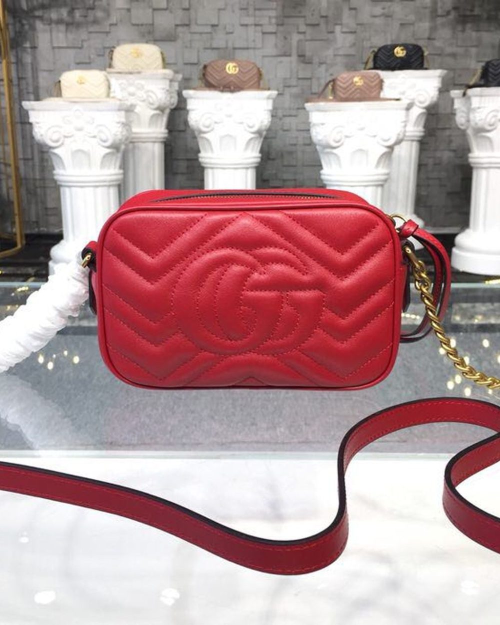 1:1 Replica Gucci GG Marmont Matelassé Mini Bag Hibiscus Red Matelassé Chevron For Women 7in/18cm GG