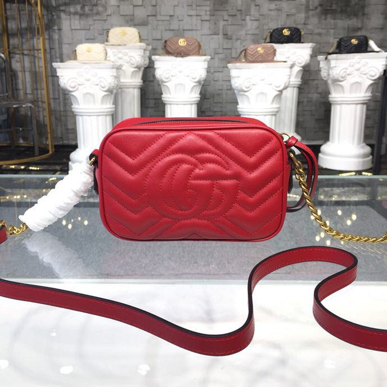 1:1 Replica Gucci GG Marmont Matelassé Mini Bag Hibiscus Red Matelassé Chevron For Women 7in/18cm GG - Image 3