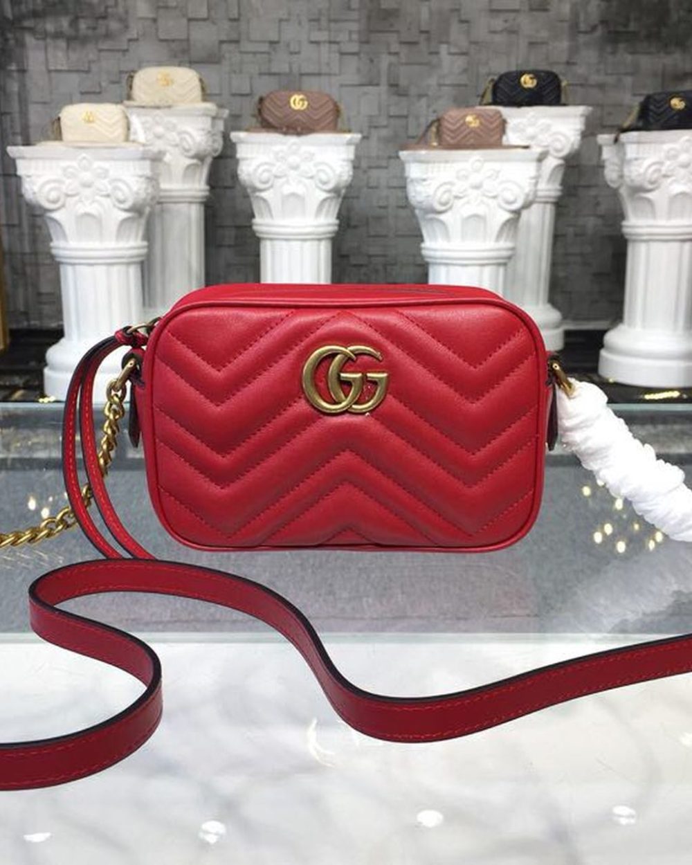 1:1 Replica Gucci GG Marmont Matelassé Mini Bag Hibiscus Red Matelassé Chevron For Women 7in/18cm GG