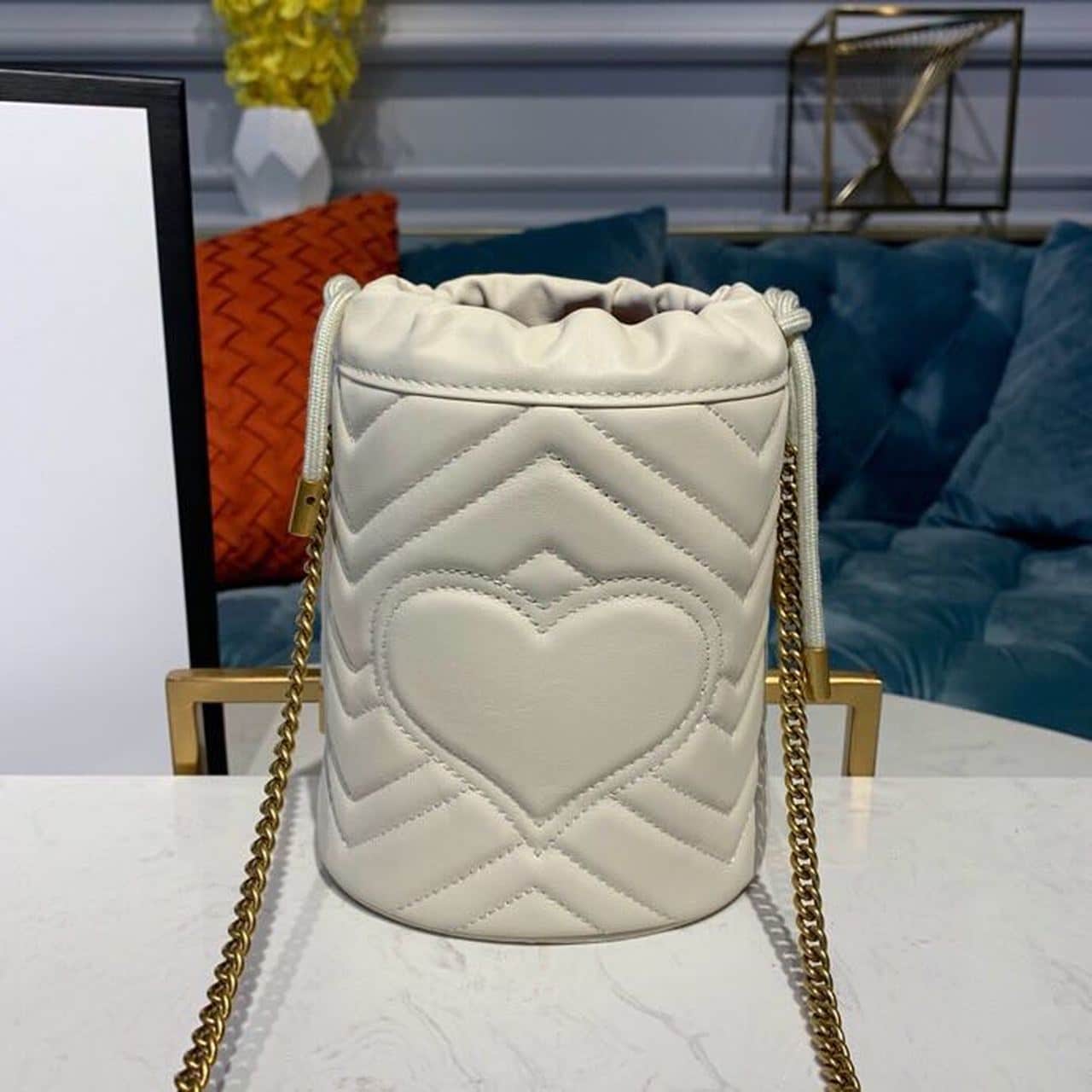 1:1 Replica Gucci GG Marmont Mini Bucket Bag White Matelassé Chevron For Women 6in/13cm GG 575163 DTDRT 9022 - Image 8