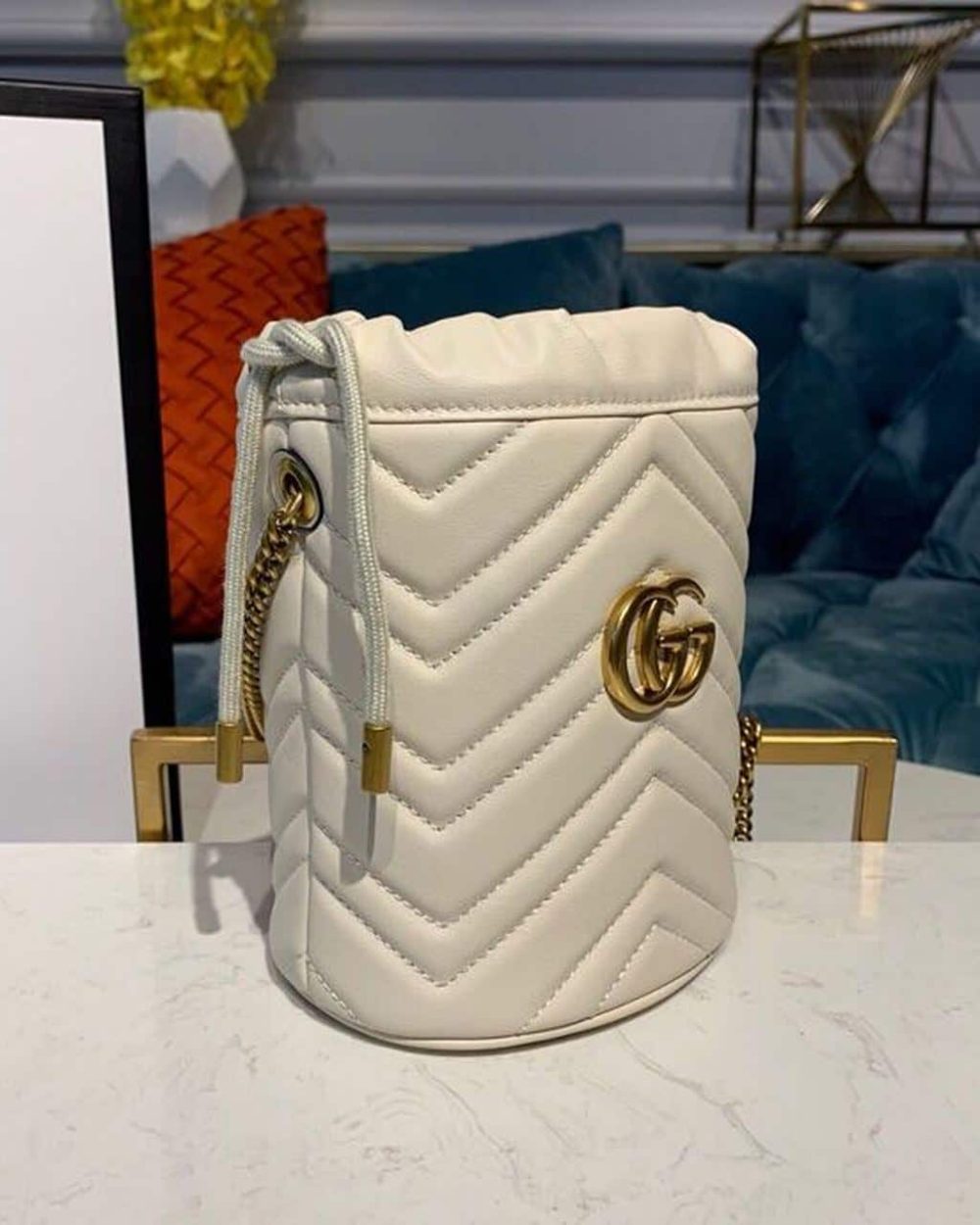 1:1 Replica Gucci GG Marmont Mini Bucket Bag White Matelassé Chevron For Women 6in/13cm GG 575163 DTDRT 9022