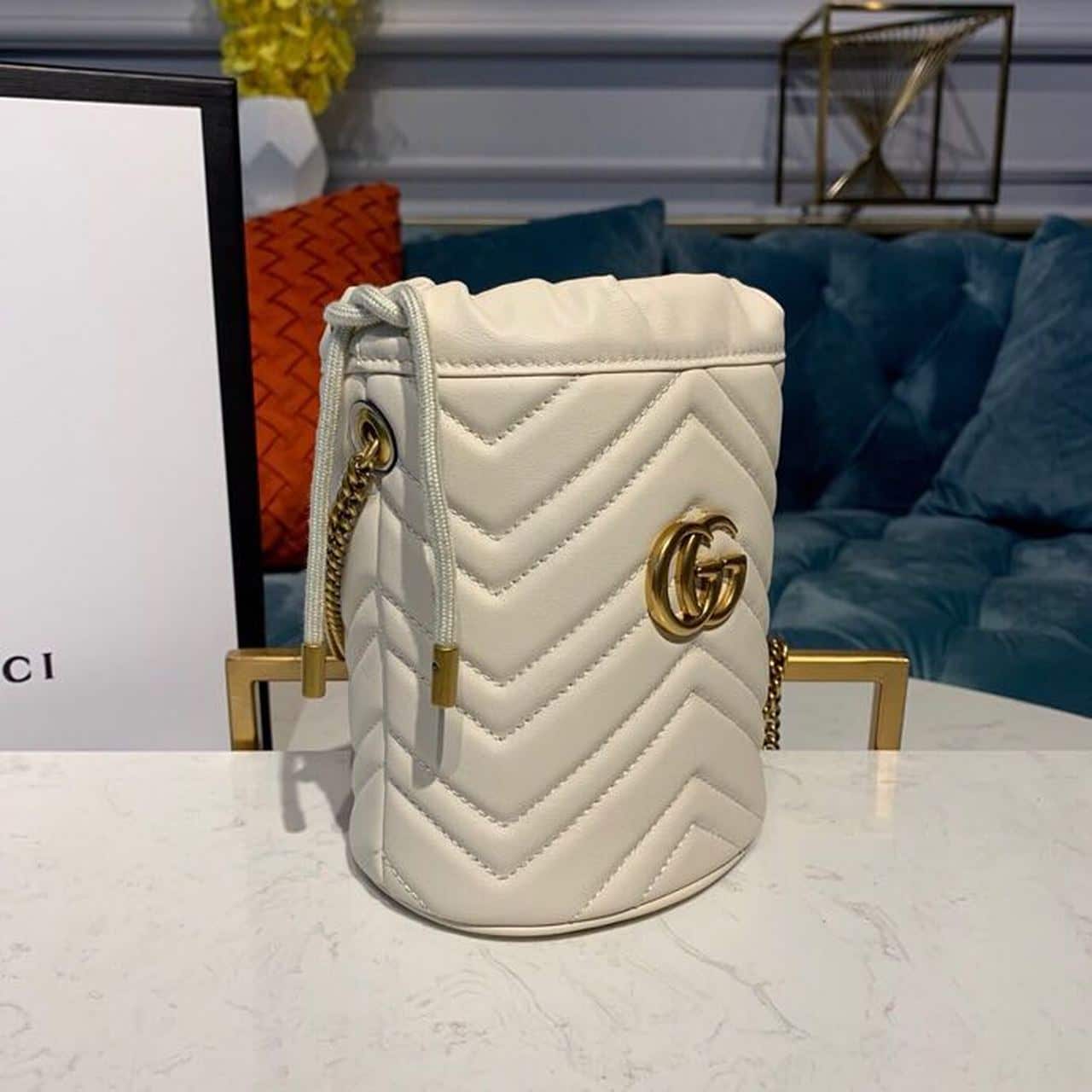 1:1 Replica Gucci GG Marmont Mini Bucket Bag White Matelassé Chevron For Women 6in/13cm GG 575163 DTDRT 9022 - Image 3