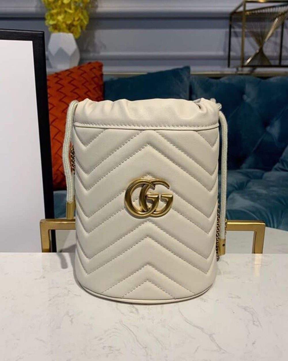 1:1 Replica Gucci GG Marmont Mini Bucket Bag White Matelassé Chevron For Women 6in/13cm GG 575163 DTDRT 9022