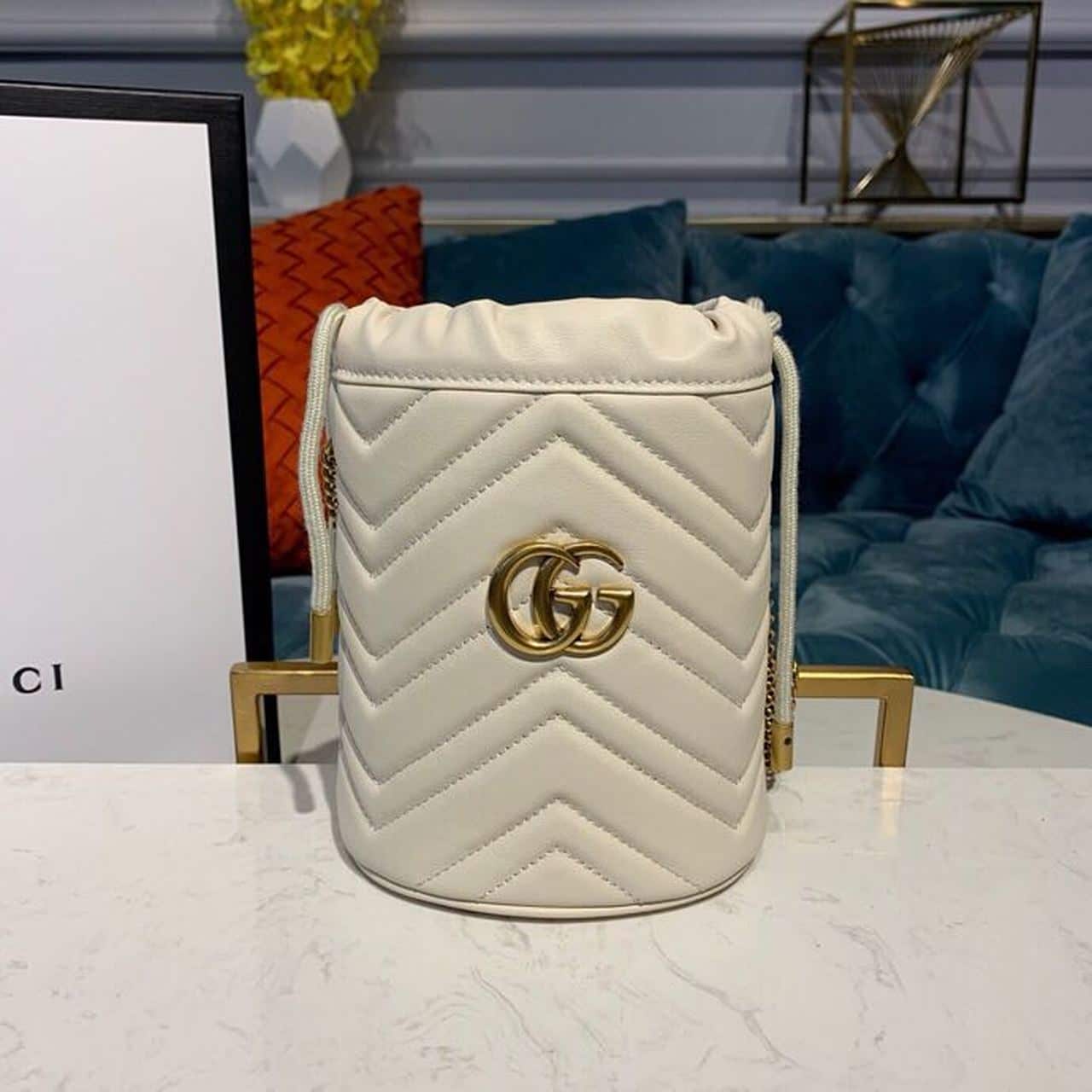 1:1 Replica Gucci GG Marmont Mini Bucket Bag White Matelassé Chevron For Women 6in/13cm GG 575163 DTDRT 9022