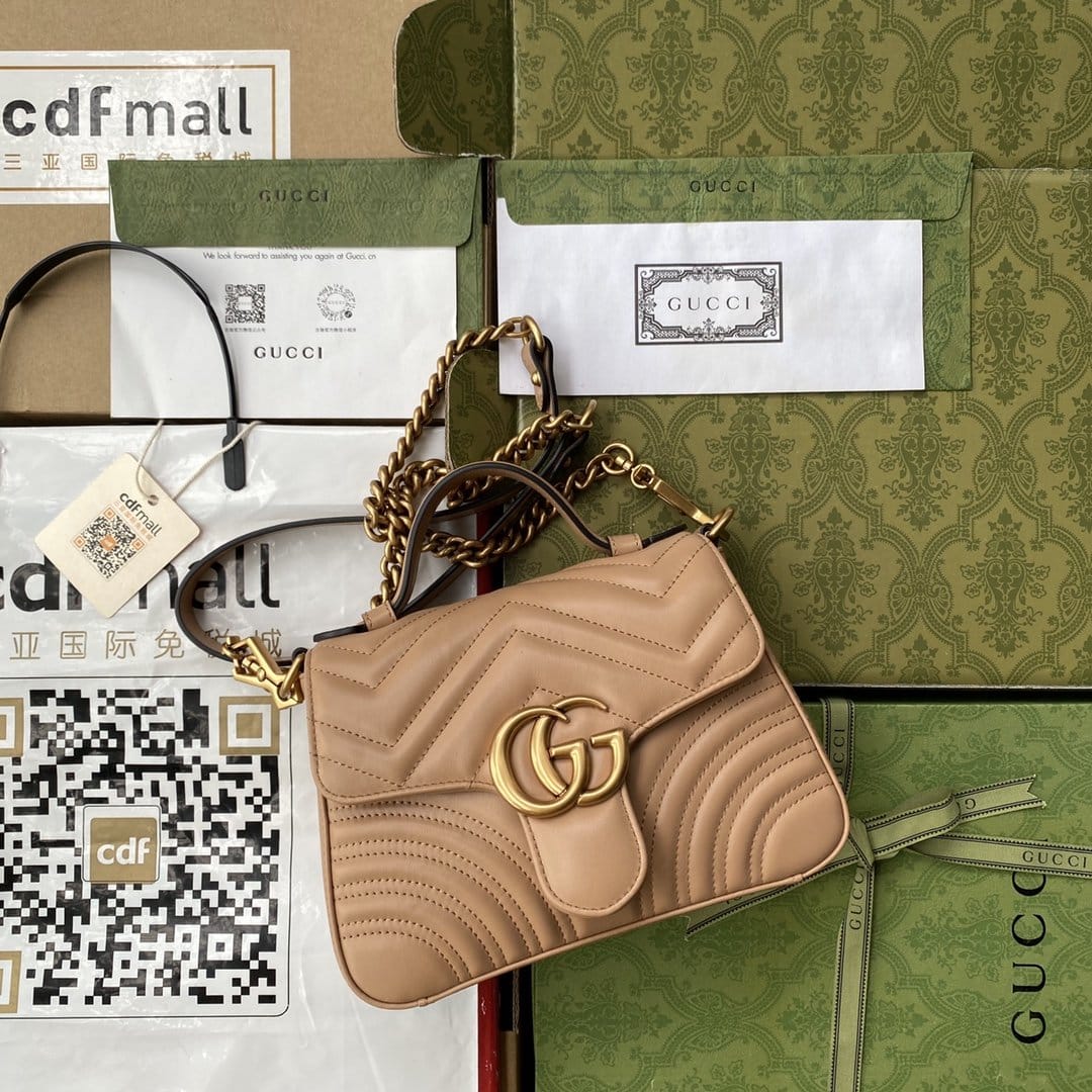 1:1 Replica Gucci GG Marmont Mini Top Handle Bag Beige For Women, Women's Bags 8.3in/21cm GG