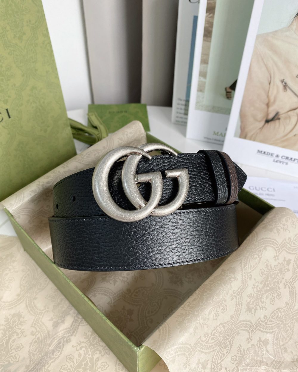 1:1 Replica Gucci GG Marmont Reversible Belt Black, Women Belt 627055 CAO2N 1062