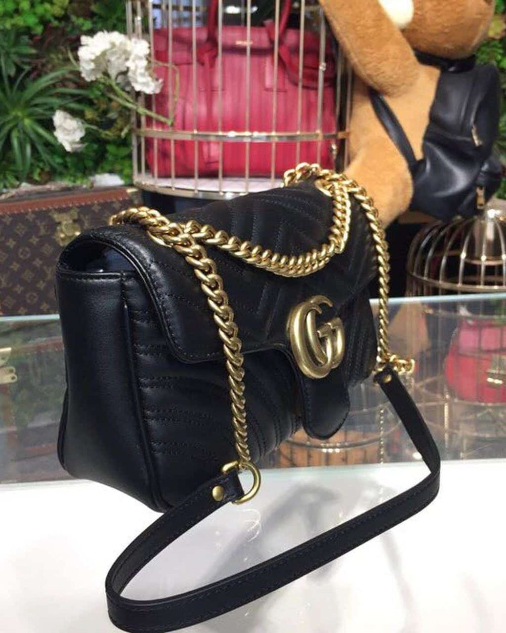 1:1 Replica Gucci GG Marmont Small Matelassé Shoulder Bag Black For Women 10in/25cm 443497 DTDIT 1000