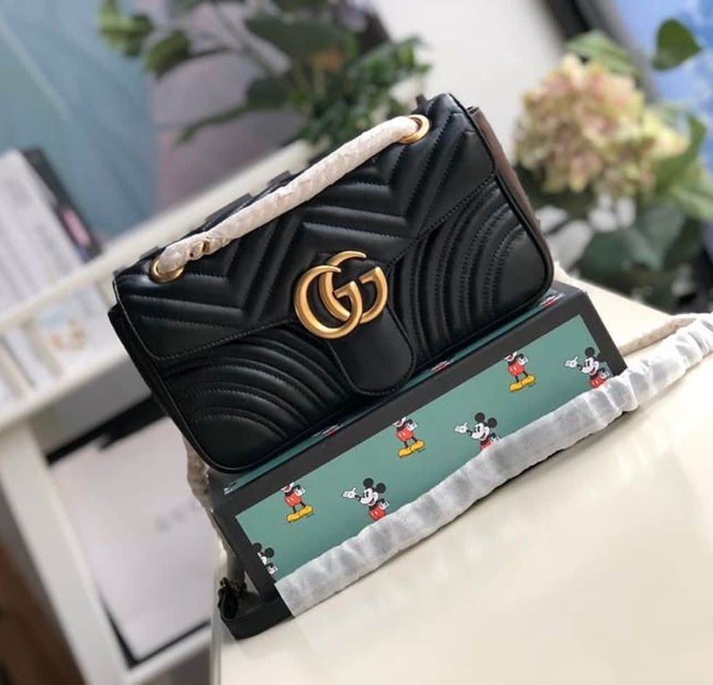 1:1 Replica Gucci GG Marmont Small Matelassé Shoulder Bag Black Matelassé Chevron For Women 10in/26cm 443497 DTDIT 1000