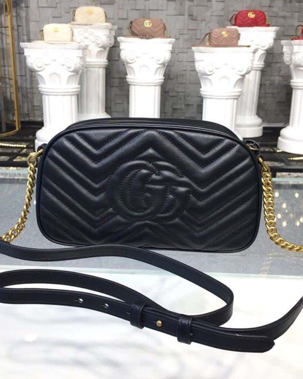 1:1 Replica Gucci GG Marmont Small Matelassé Shoulder Bag Black Matelassé Chevron For Women 9.5in/24cm GG 447632 DTD1T 1000