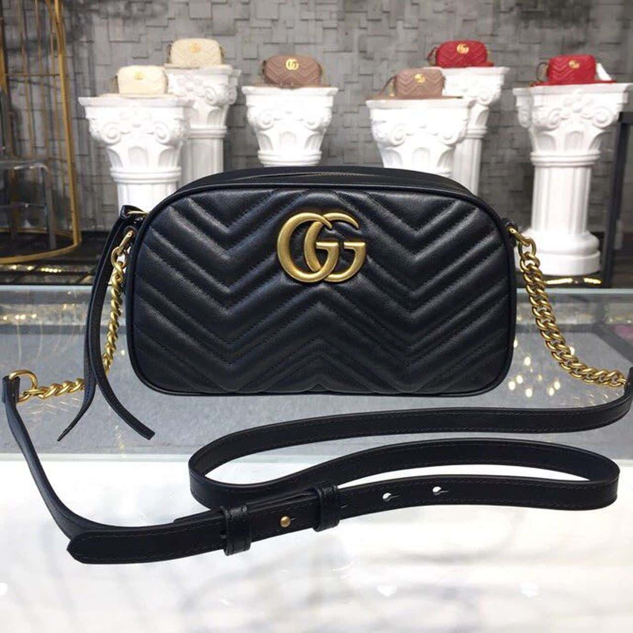 1:1 Replica Gucci GG Marmont Small Matelassé Shoulder Bag Black Matelassé Chevron For Women 9.5in/24cm GG 447632 DTD1T 1000 - Image 2