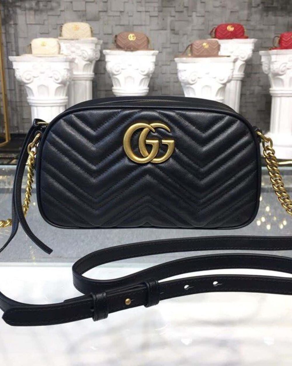 1:1 Replica Gucci GG Marmont Small Matelassé Shoulder Bag Black Matelassé Chevron For Women 9.5in/24cm GG 447632 DTD1T 1000