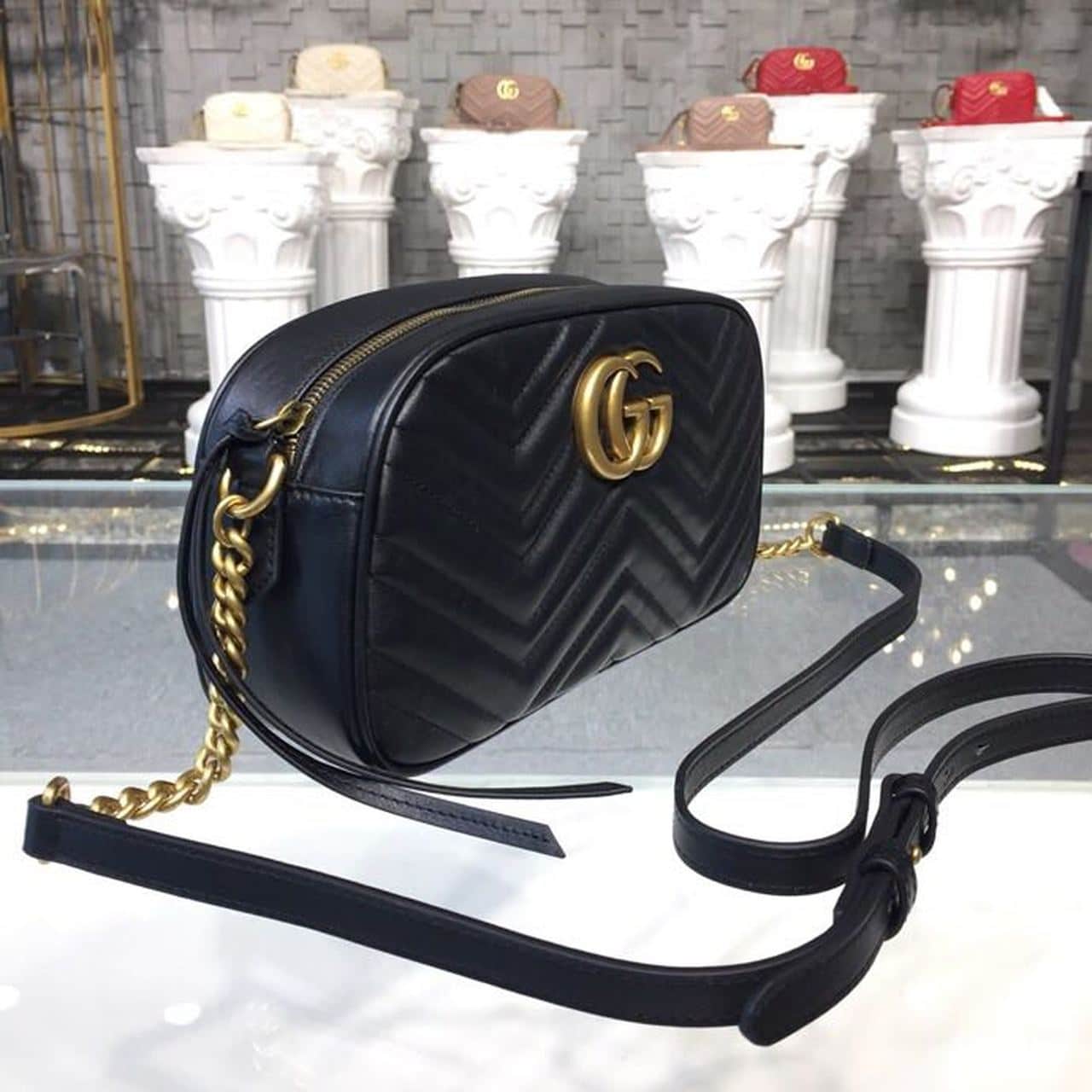 1:1 Replica Gucci GG Marmont Small Matelassé Shoulder Bag Black Matelassé Chevron For Women 9.5in/24cm GG 447632 DTD1T 1000 - Image 3