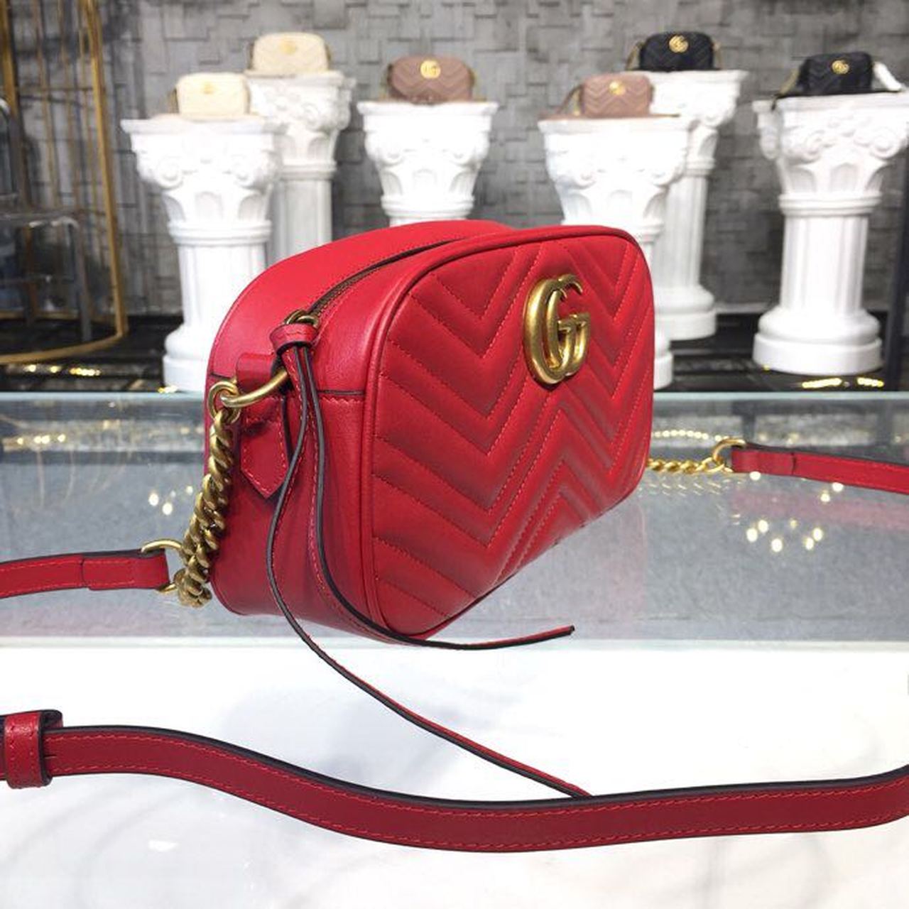 1:1 Replica Gucci GG Marmont Small Matelassé Shoulder Bag Hibiscus Red Matelassé Chevron For Women 9.5in/24cm GG 447632 DTD1T 6433 - Image 3