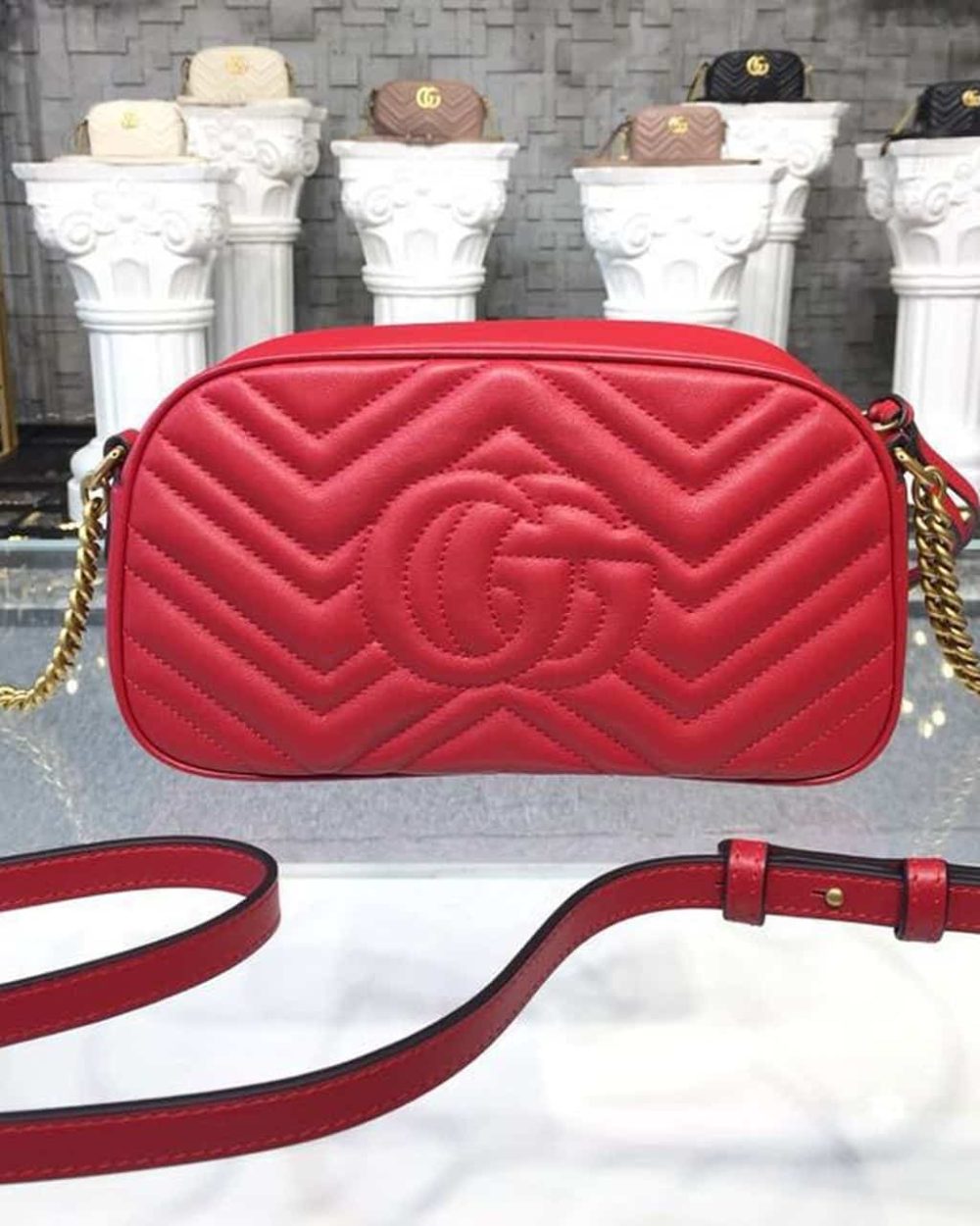 1:1 Replica Gucci GG Marmont Small Matelassé Shoulder Bag Hibiscus Red Matelassé Chevron For Women 9.5in/24cm GG 447632 DTD1T 6433