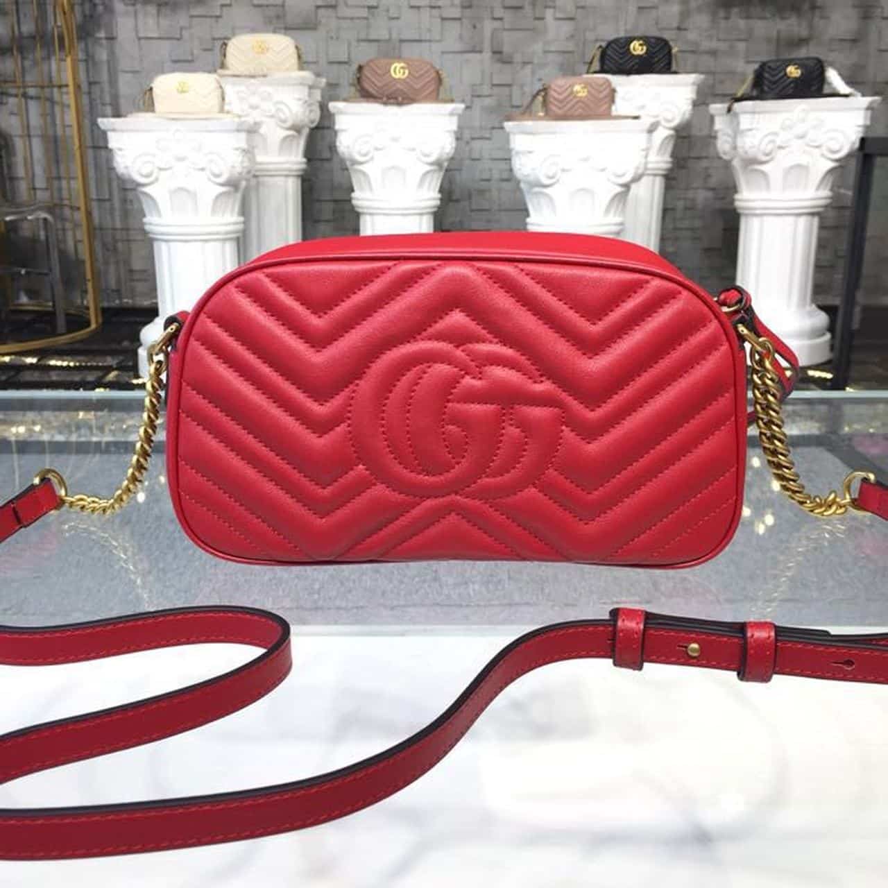 1:1 Replica Gucci GG Marmont Small Matelassé Shoulder Bag Hibiscus Red Matelassé Chevron For Women 9.5in/24cm GG 447632 DTD1T 6433 - Image 5