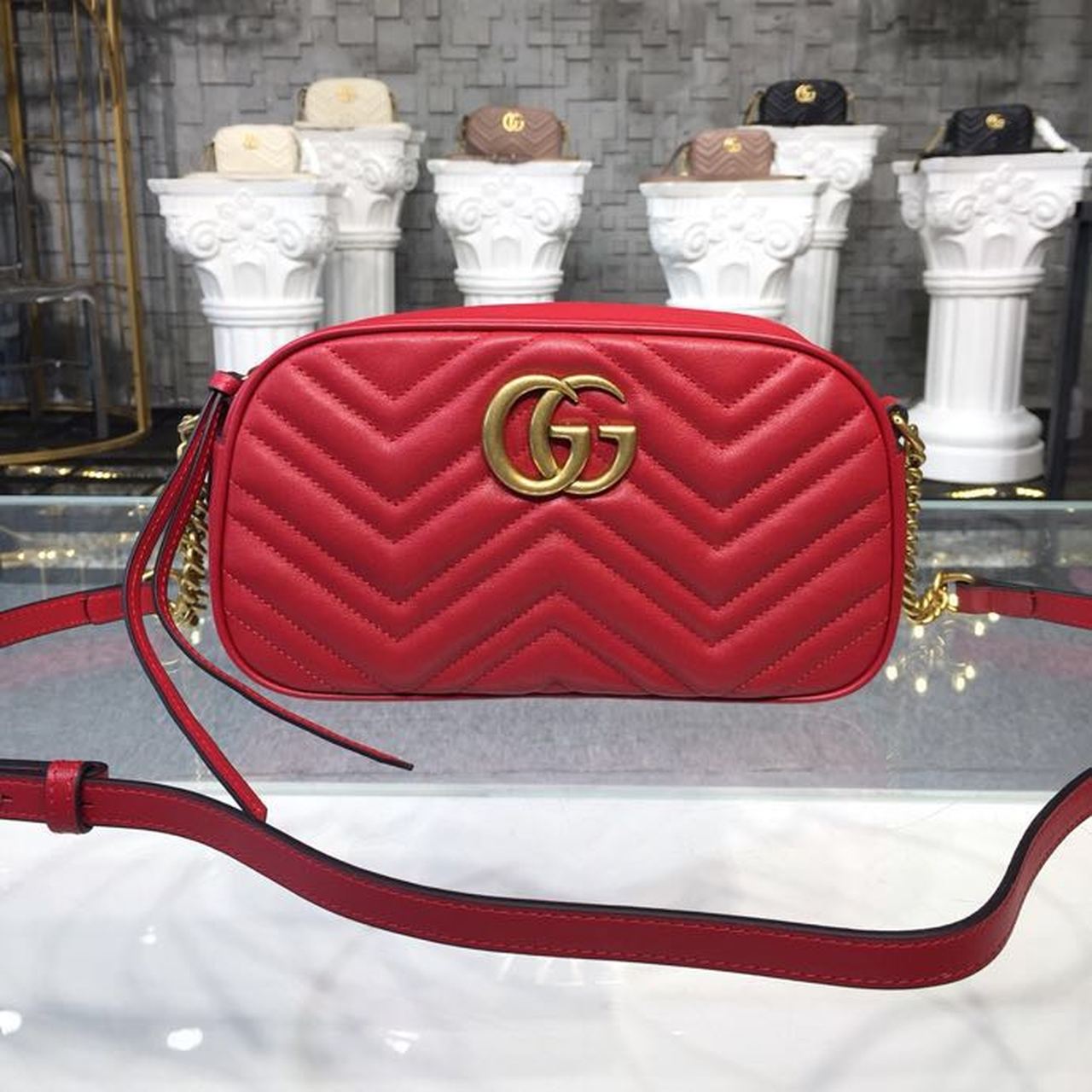 1:1 Replica Gucci GG Marmont Small Matelassé Shoulder Bag Hibiscus Red Matelassé Chevron For Women 9.5in/24cm GG 447632 DTD1T 6433