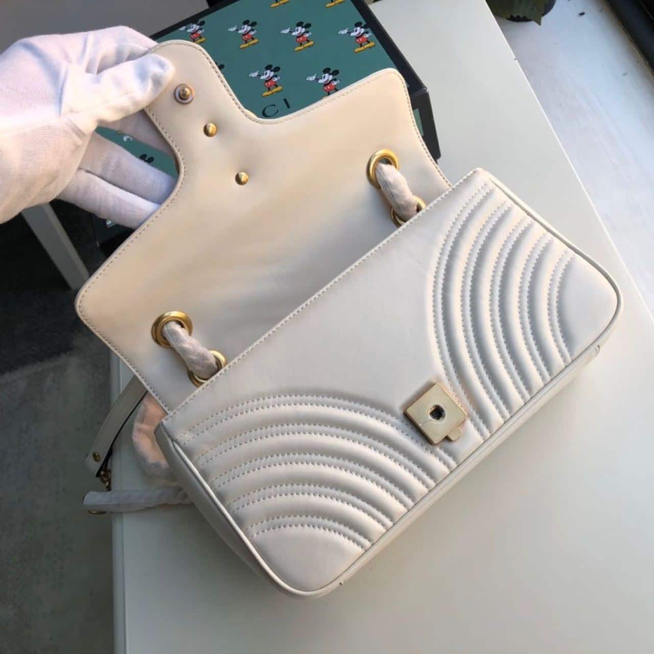 1:1 Replica Gucci GG Marmont Small Matelassé Shoulder Bag White Matelassé Chevron For Women 10in/26cm 443497 DTDIT 9022 - Image 8