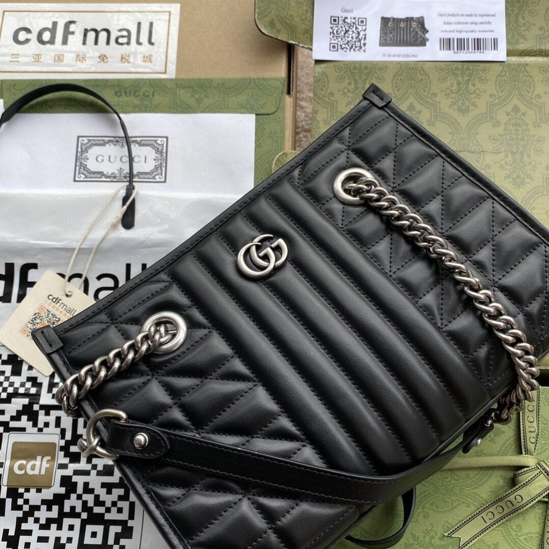1:1 Replica Gucci GG Marmont Small Tote Bag Black Matelasses For Women 10.4in/26.5cm GG 681483 UM8BN 1000