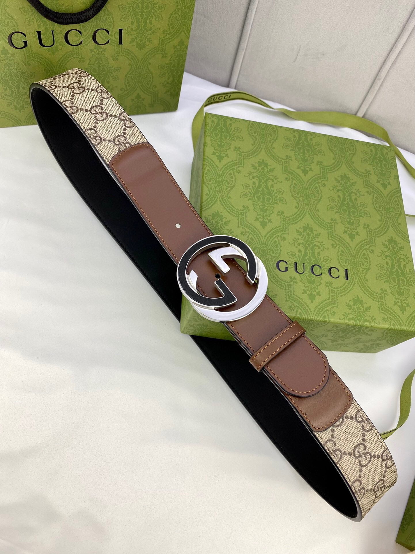 1:1 Replica Gucci GG Supreme Belt With G Buckle Beige/Ebony And Brown GG Supreme Canvas For Women, Women Belt