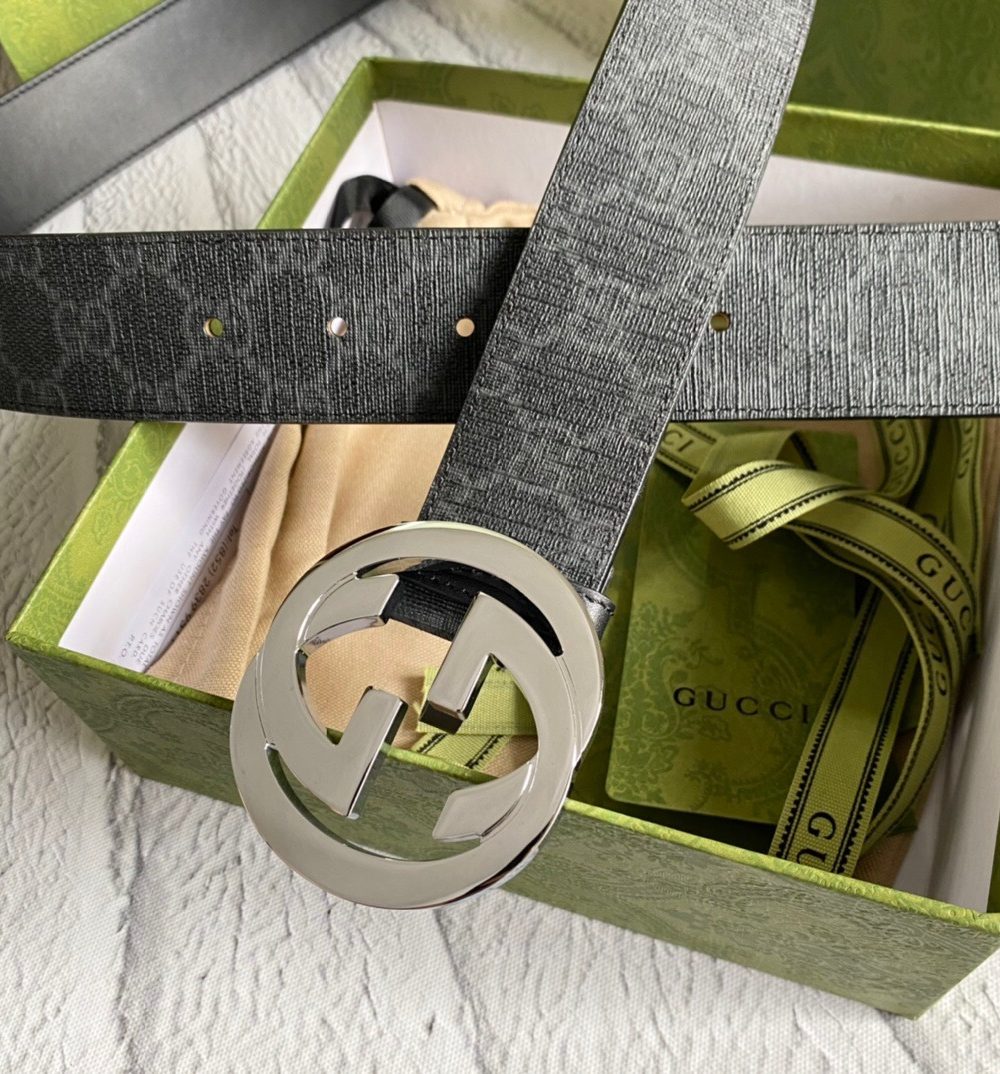 1:1 Replica Gucci GG Supreme Belt With G Buckle Black/Gey, Women Belt 411924 KGDHX 8449