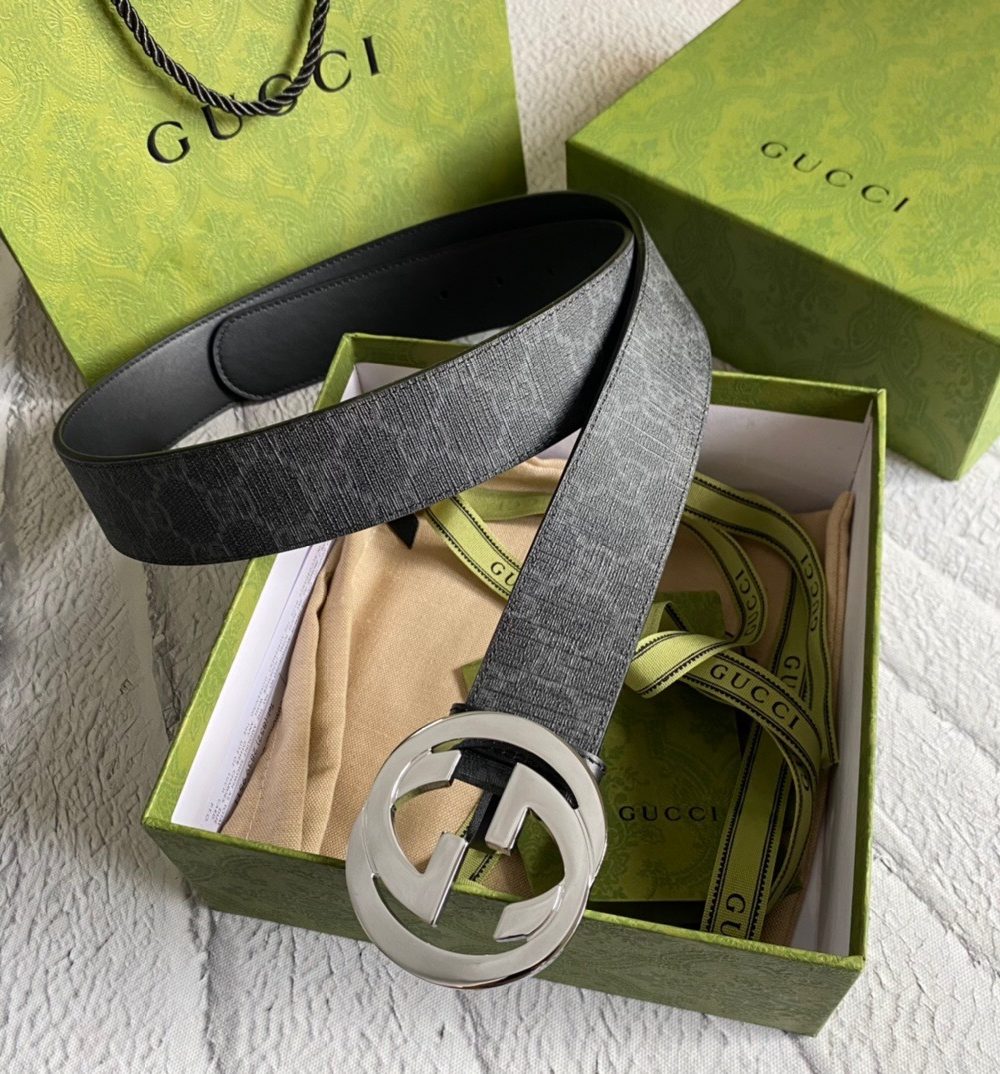 1:1 Replica Gucci GG Supreme Belt With G Buckle Black/Gey, Women Belt 411924 KGDHX 8449