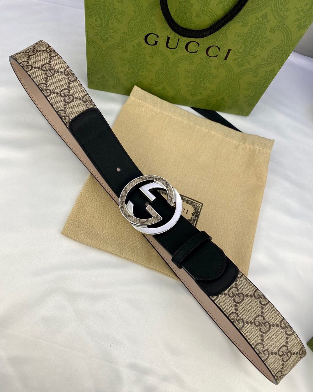 1:1 Replica Gucci GG Supreme Belt With Interlocking G Buckle Beige/Ebony And Black GG Supreme Canvas For Women, Women Belt