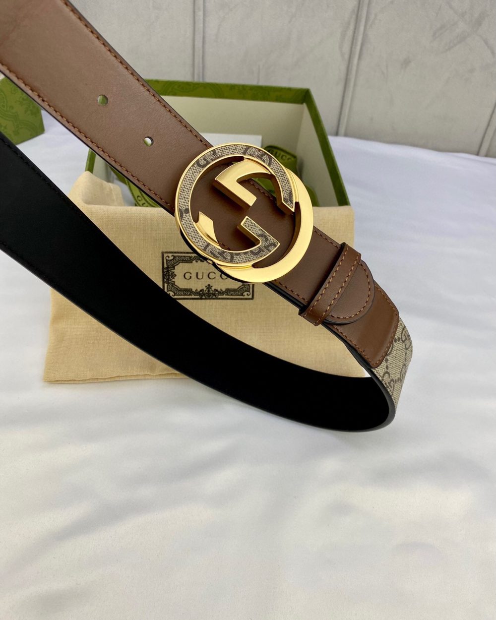 1:1 Replica Gucci GG Supreme Belt With Interlocking G Buckle Beige/Ebony And Brown GG Supreme Canvas For Women, Women Belt