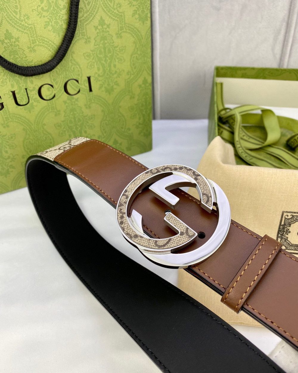 1:1 Replica Gucci GG Supreme Belt With Interlocking G Buckle Beige/Ebony And Brown GG Supreme Canvas For Women, Women Belt