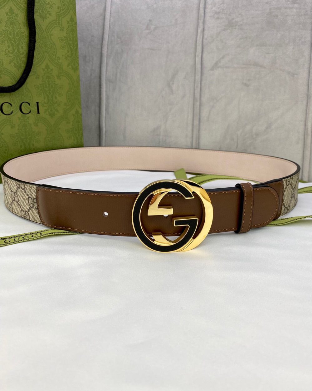 1:1 Replica Gucci GG Supreme Belt With Interlocking G Buckle Beige/Ebony And Brown GG Supreme Canvas For Women, Women Belt