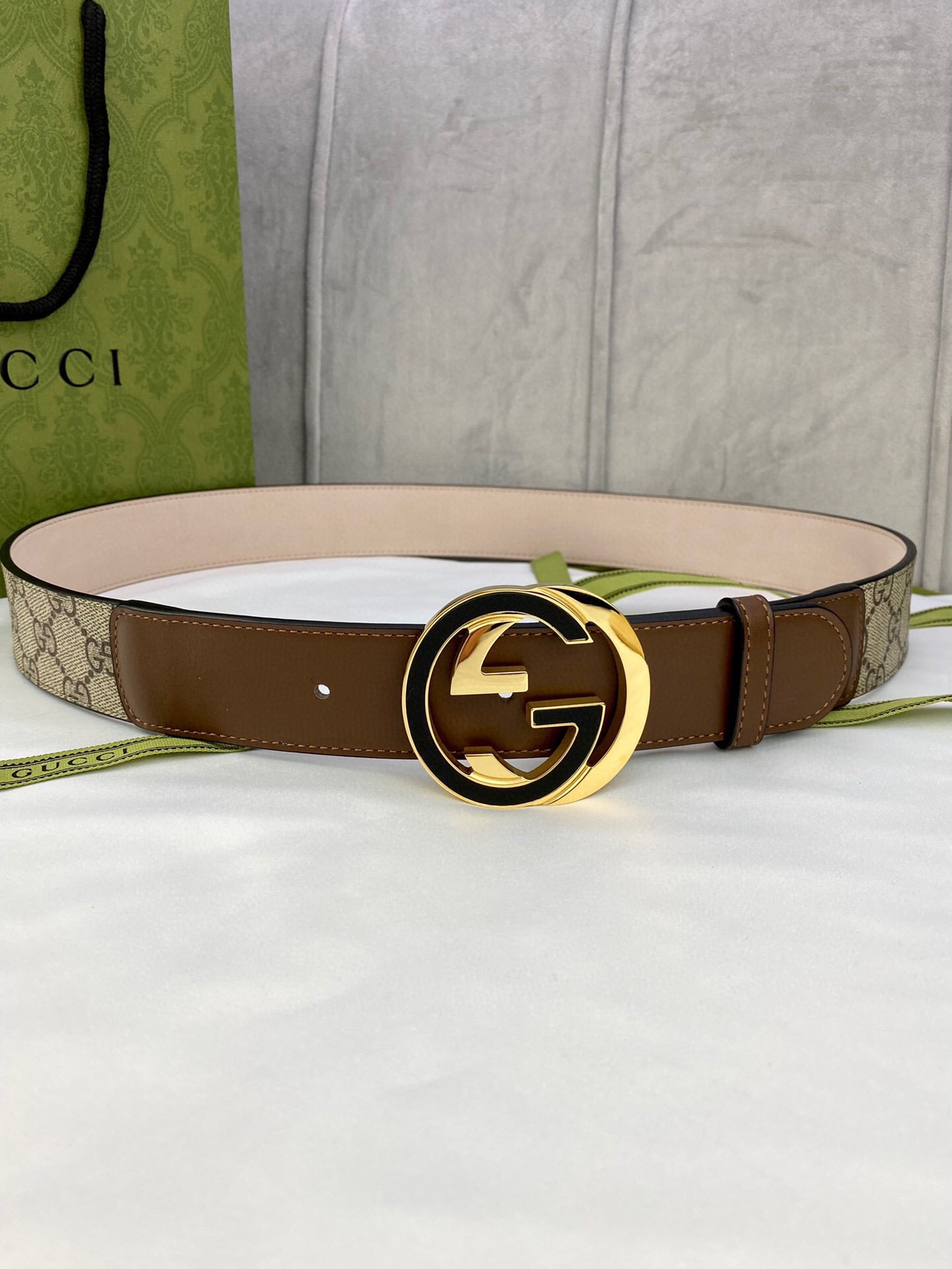 1:1 Replica Gucci GG Supreme Belt With Interlocking G Buckle Beige/Ebony And Brown GG Supreme Canvas For Women, Women Belt