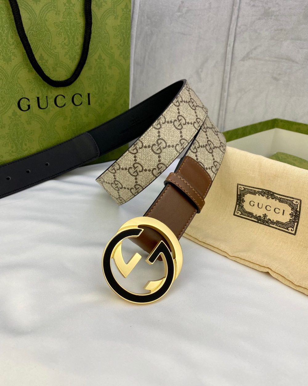 1:1 Replica Gucci GG Supreme Belt With Interlocking G Buckle Beige/Ebony And Brown GG Supreme Canvas For Women, Women Belt