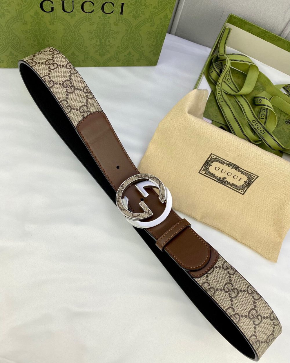 1:1 Replica Gucci GG Supreme Belt With Interlocking G Buckle Beige/Ebony And Brown GG Supreme Canvas For Women, Women Belt