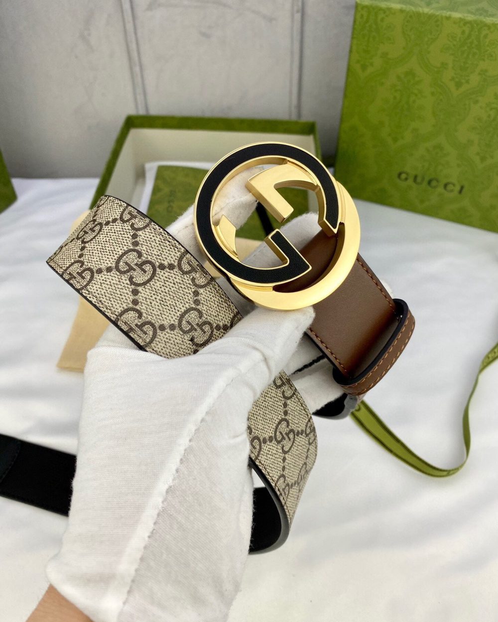 1:1 Replica Gucci GG Supreme Belt With Interlocking G Buckle Beige/Ebony And Brown GG Supreme Canvas For Women, Women Belt