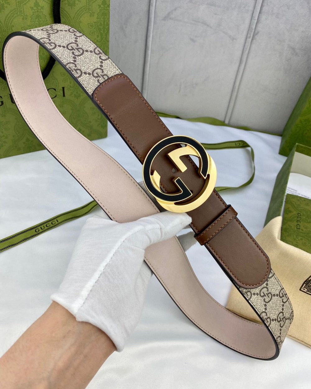 1:1 Replica Gucci GG Supreme Belt With Interlocking G Buckle Beige/Ebony And Brown GG Supreme Canvas For Women, Women Belt