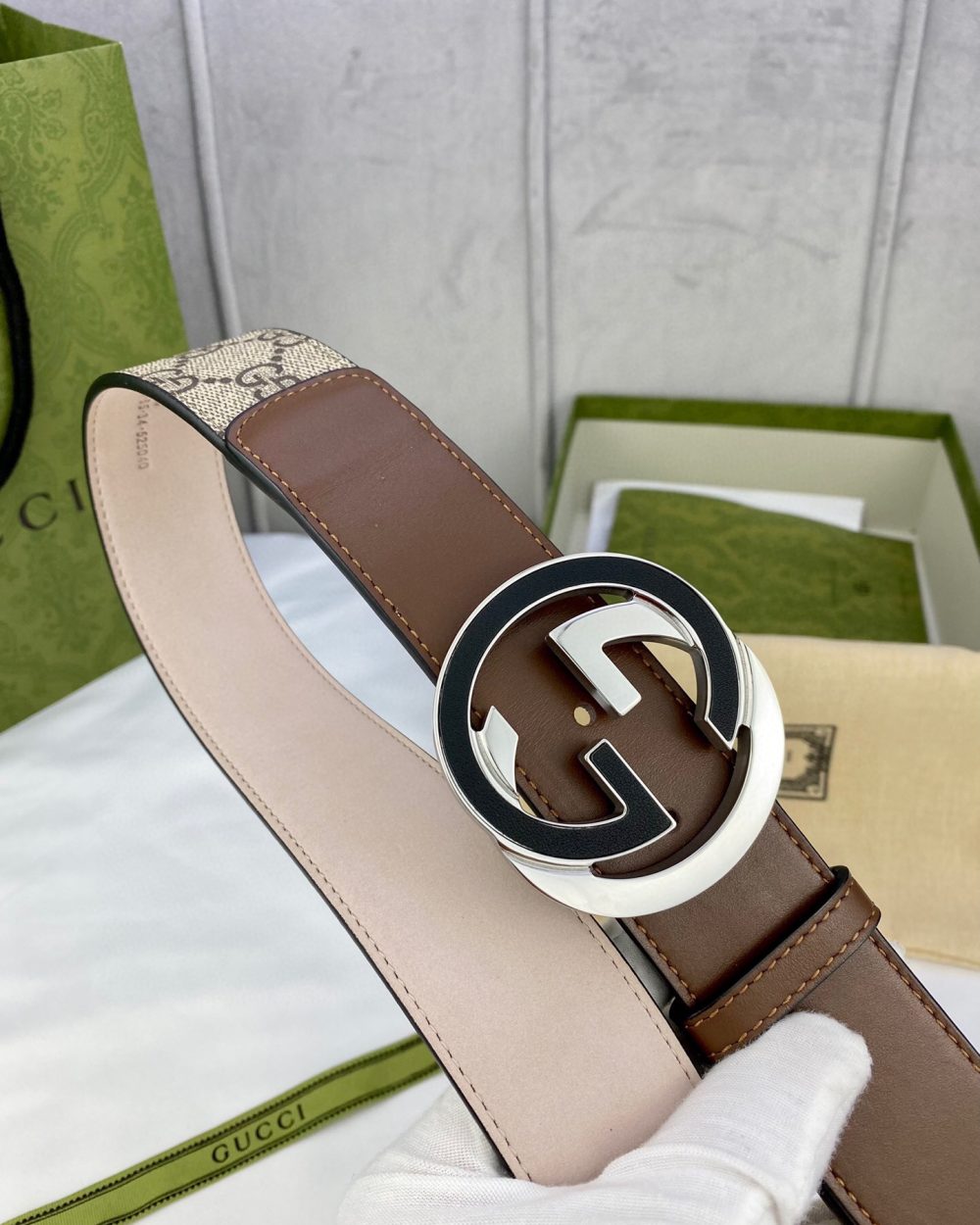 1:1 Replica Gucci GG Supreme Belt With Interlocking G Buckle Beige/Ebony And Brown GG Supreme Canvas For Women, Women Belt