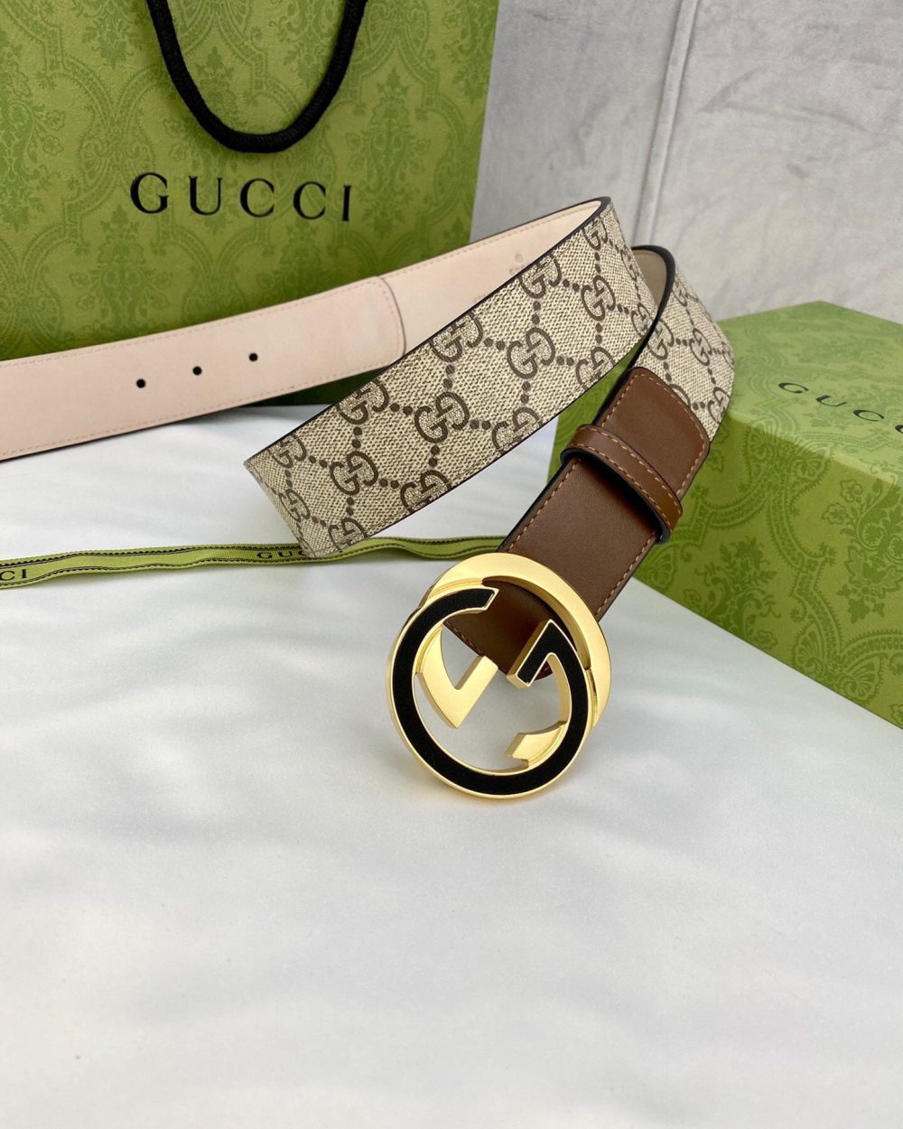 1:1 Replica Gucci GG Supreme Belt With Interlocking G Buckle Beige/Ebony And Brown GG Supreme Canvas For Women, Women Belt