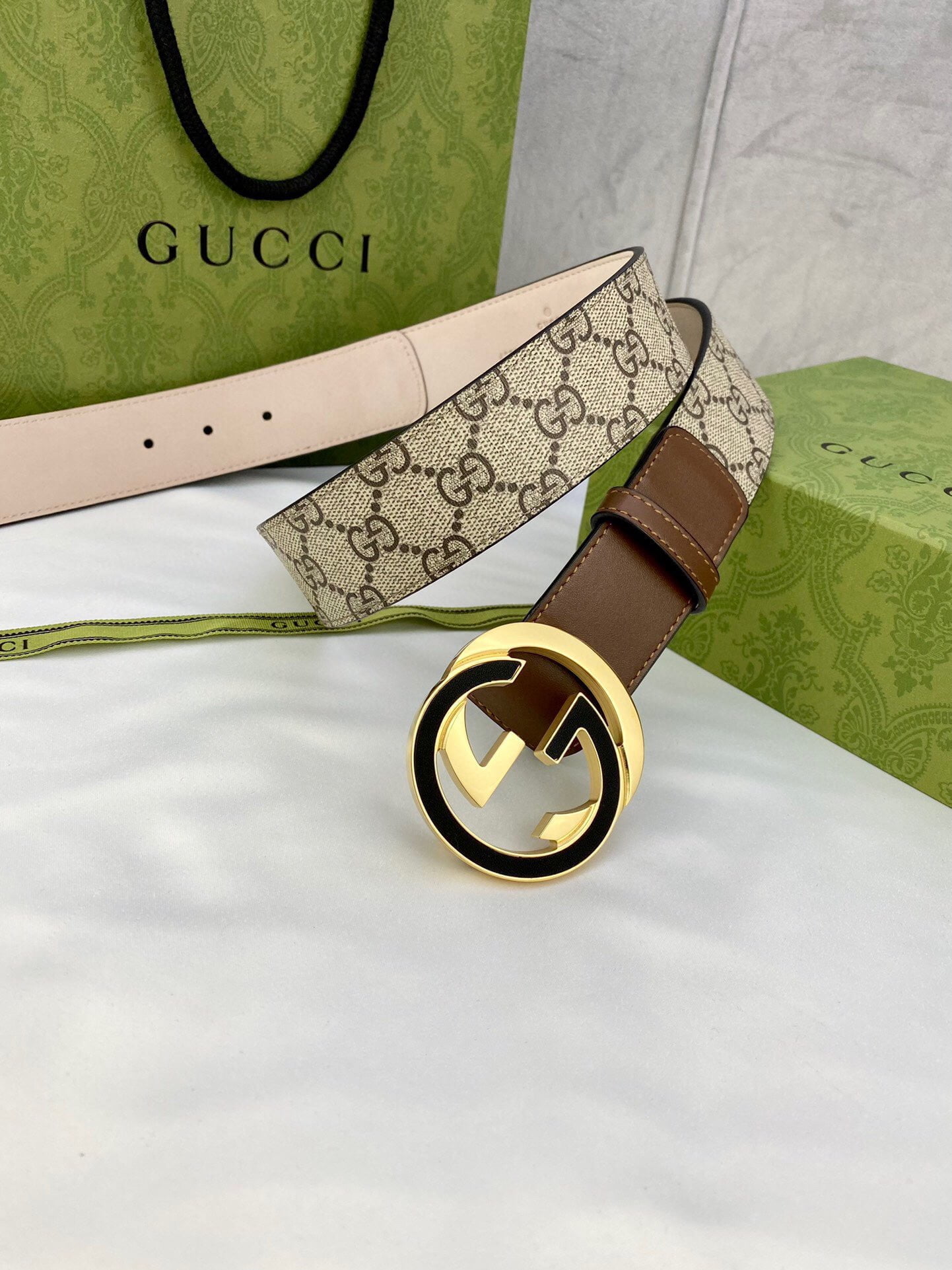 1:1 Replica Gucci GG Supreme Belt With Interlocking G Buckle Beige/Ebony And Brown GG Supreme Canvas For Women, Women Belt - Image 3