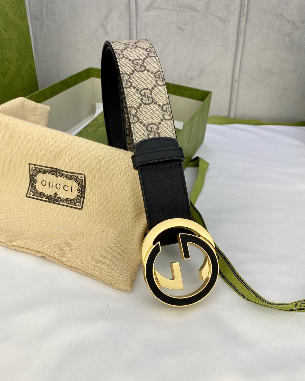 1:1 Replica Gucci GG Supreme Belt With Interlocking G Buckle Beige/Ebony GG Supreme And Black For Women, Women Belt