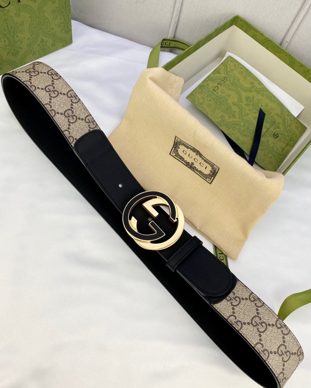 1:1 Replica Gucci GG Supreme Belt With Interlocking G Buckle Beige/Ebony GG Supreme And Black For Women, Women Belt