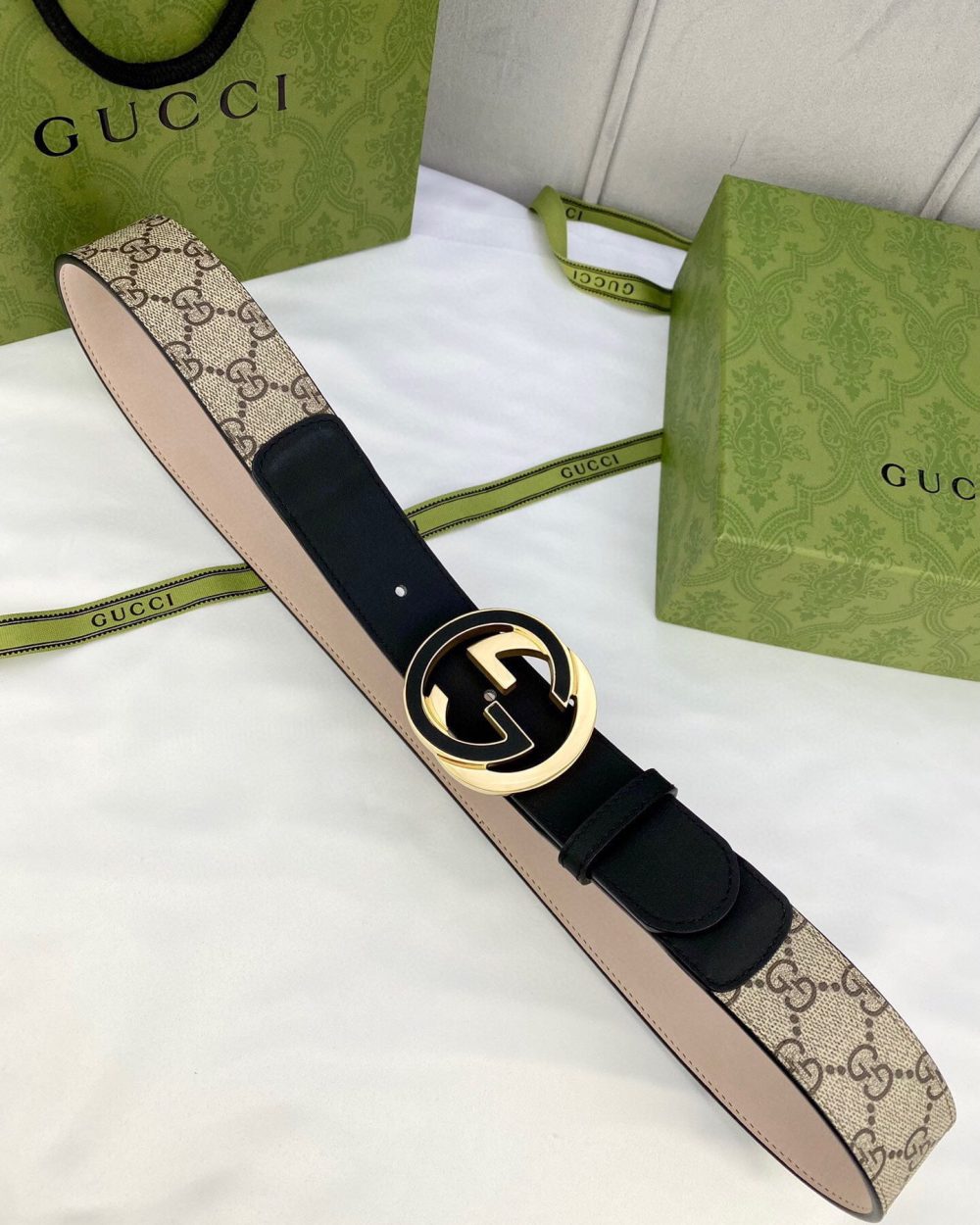 1:1 Replica Gucci GG Supreme Belt With Interlocking G Buckle Beige/Ebony GG Supreme And Black For Women, Women Belt