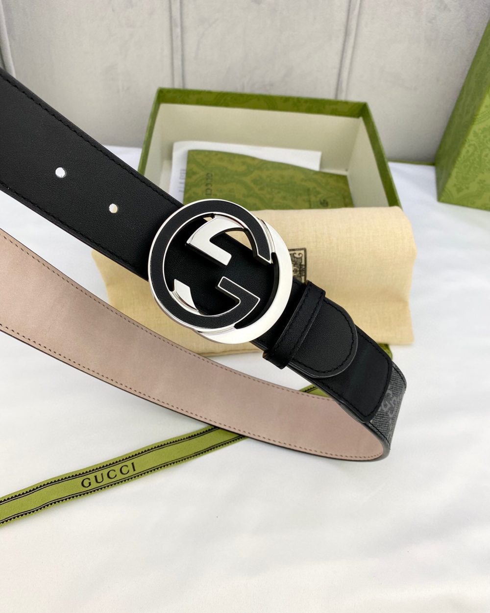 1:1 Replica Gucci GG Supreme Belt With Interlocking G Buckle Black/Grey GG Supreme Canvas With Black For Women, Women Belt