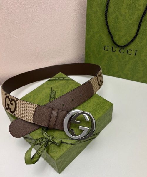 1:1 Replica Gucci GG Supreme Belt With Interlocking G Buckle Camel And Ebony Jumbo GG Canvas And Brown For Women, Women Belt