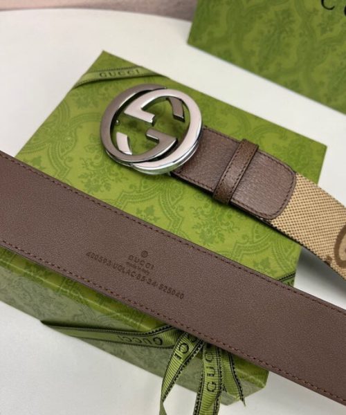 1:1 Replica Gucci GG Supreme Belt With Interlocking G Buckle Camel And Ebony Jumbo GG Canvas And Brown For Women, Women Belt