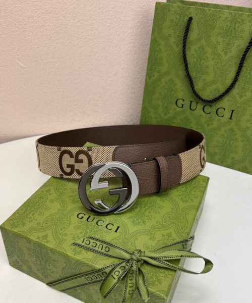 1:1 Replica Gucci GG Supreme Belt With Interlocking G Buckle Camel And Ebony Jumbo GG Canvas And Brown For Women, Women Belt