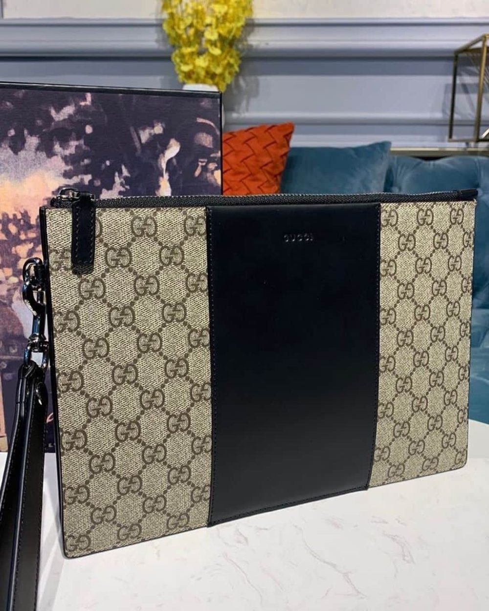 1:1 Replica Gucci GG Supreme Pouch Beige/Ebony GG Supreme Canvas For Men 12in/30cm GG 495017 KGDHN 9769