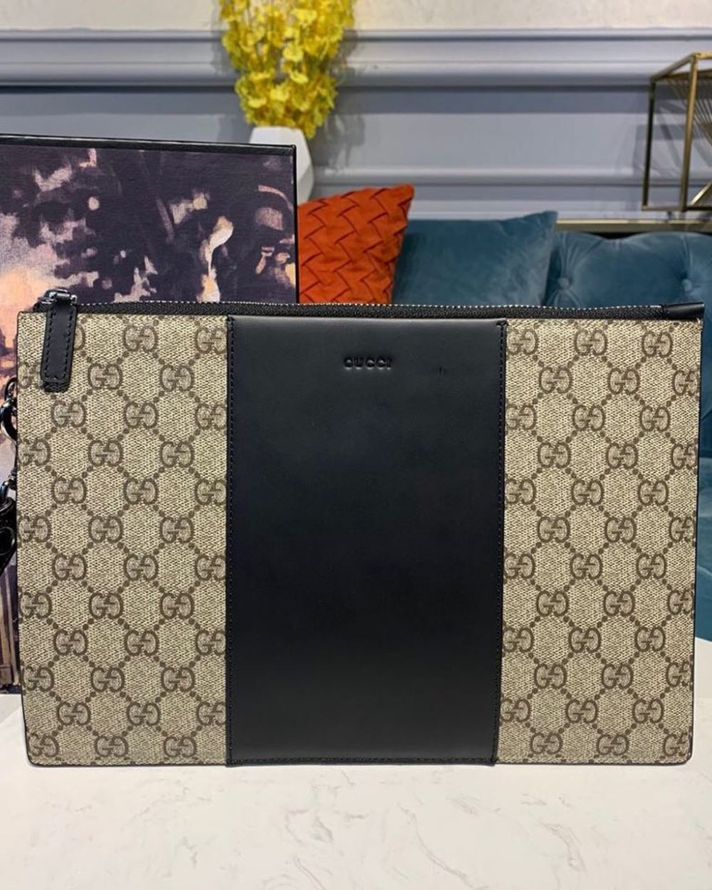 1:1 Replica Gucci GG Supreme Pouch Beige/Ebony GG Supreme Canvas For Men 12in/30cm GG 495017 KGDHN 9769