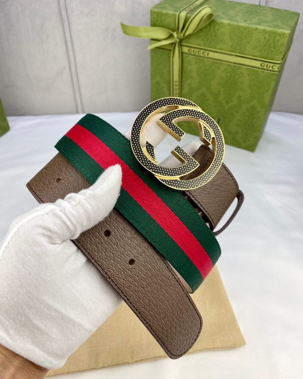 1:1 Replica Gucci GG Web Belt With G Buckle Green/Red Web Fabric And Brown For Women, Women Belt