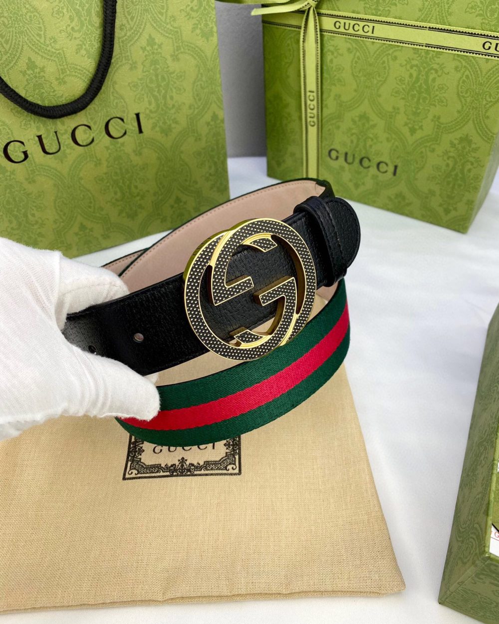 1:1 Replica Gucci GG Web Belt With  Interlocking G Buckle Green/Red Web Fabric And Black For Women, Women Belt