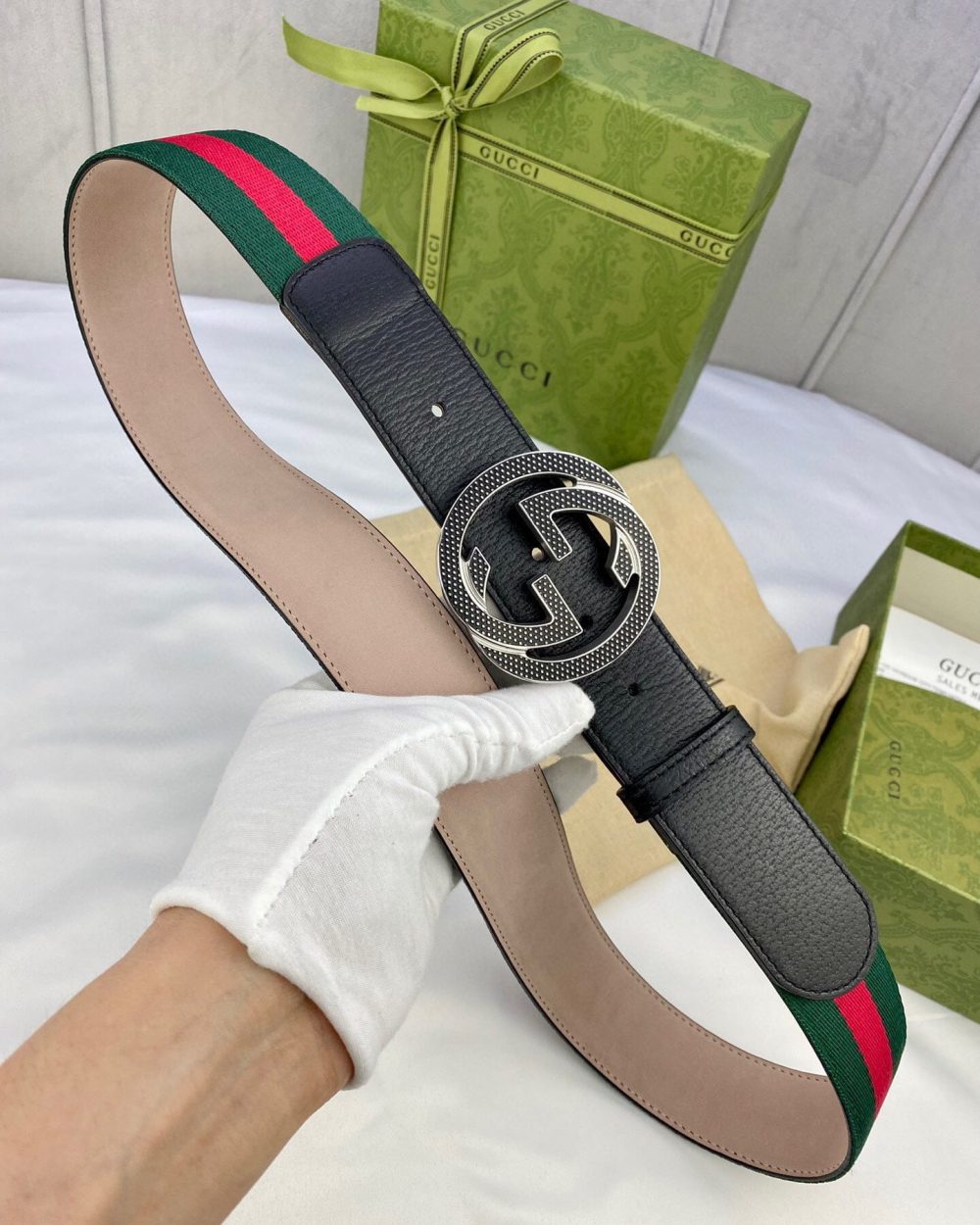 1:1 Replica Gucci GG Web Belt With  Interlocking G Buckle Green/Red Web Fabric And Black For Women, Women Belt