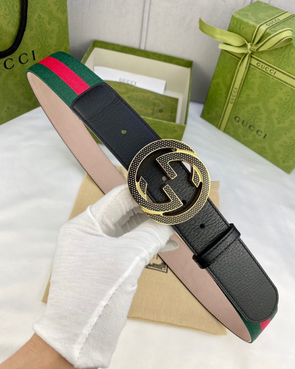 1:1 Replica Gucci GG Web Belt With  Interlocking G Buckle Green/Red Web Fabric And Black For Women, Women Belt